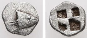 Mysia, Kyzikos. AR Hemiobol. 0.51 g. - 8.83 mm. c. 600-550 BC.
Obv.: Tunny fish head to right
Rev.: Quadripartite incuse square.
Ref.: Von Fritze II, ...