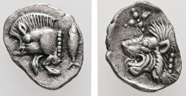 Mysia, Kyzikos. AR, Hemiobol. 0.41 g. - 10.04 mm. Circa 450-400 BC.
Obv.: Forepart of boar left; to right, tunny upward.
Rev.: Head of roaring lion le...