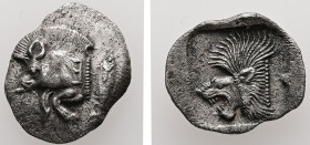 Mysia, Kyzikos. AR, Obol. 0.82 g. - 13.53 mm. Circa 450-400 BC.
Obv.: Forepart of boar left, with Ǝ on shoulder; to right, tunny upward.
Rev.: Head of...