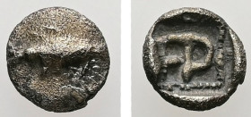 Mysia, Kyzikos?. AR, Tetartemorion. 0.20 g. - 6.47 mm. Circa 550-480 BC.
Obv.: Tunny fish.
Rev.: Monogram within dotted linear square; all within incu...