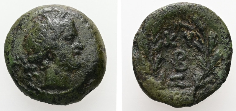 Mysia, Kyzikos. AE, 4.14 g. - 18.09 mm. 200-50 BC.
Obv.: Head of Kore right, wea...