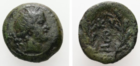 Mysia, Kyzikos. AE, 4.14 g. - 18.09 mm. 200-50 BC.
Obv.: Head of Kore right, wearing wreath of corn.
Rev.: KY-ZI above and beneath B monogram; all wit...