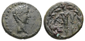 Mysia, Kyzikos. Augustus, Augustus, 27 BC-AD 14. AE. 3.22 g. 16.72 mm.
Obv: Bare head of Augustus, right.
Rev: ΚΥΖΙ. Torch in wreath.
Ref: RPC 2244; B...