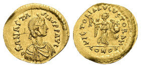 Anastasius, AD 491-518. AV, Tremissis. 1.48 g. 16.33 mm. Constantinople.
Rev: DNANASTA-SIASPPAVC. Bust of Anastasius I facing right with diadem, cuira...