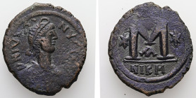 Justin I, AD 518-527. AE, Follis. 15.92 g. 33.71 mm. Nicomedia. 
Obv: D N IVSTINVS P P AVG Diademed and draped bust of Justin I to right. 
Rev: Large ...