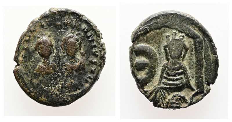 Justin I and Justinian I, AD 527. AE, Pentanummium. 1.80 g. 13.45 mm. Antioch.
O...