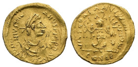 Justinian I, AD 527-565. AV, Tremissis. 1.42 g. 15.10 mm. Constantinople.
Obv: D N IVSTINI-ANVSPPAVG. Pearl diademed, draped, cuirassed bust right.
Re...