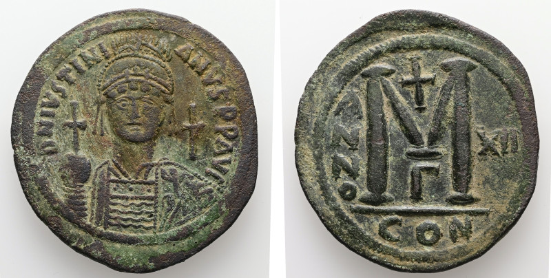 Justinian I, AD 527-565. AE, Follis. 21.60 g. 41.11 mm. Constantinople.
Obv: DNI...