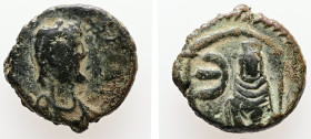 Justinian I, AD 527 -565.. AE, Pentanummium. 2.24 g. 13.68 mm. Antioch.
Obv: Diademed, draped, and cuirassed facing busts of Justinian I to right.
Rev...