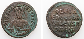 Leo VI the Wise, AD 886-912. AE, Follis. 4.35 g. 26.71 mm. Constantinople.
Obv: + LЄOҺЬAS-ILЄVSROM. Frontal bust of Leo VI with short beard wearing ch...