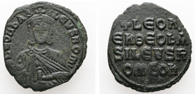 Leo VI the Wise, AD 886-912. AE, Follis. 5.88 g. 25.24 mm. Constantinople. 
Obv: + LЄOҺЬAS-ILЄVSROM. Frontal bust of Leo VI with short beard wearing c...