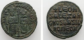 Leo VI the Wise and Alexander, AD 886-912. AE, Follis. 8.07 g. 27.14 mm. Constantinople.
Obv: + LЄOҺ-SALЄΞAҺδROS. Leo VI on left and Alexander on righ...