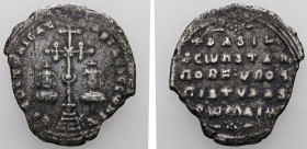 Basil II Bulgaroktonos, Constantine VIII. AD 976-1025. AR, Miliaresion. 2.29 g. 25.22 mm. Constantinople.
Obv: ЄҺ TOVTω ҺIC' - baSILЄI C CωҺST. Cross ...