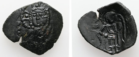 Latin Rulers of Constantinople. AD. 1204-1261. AE, Trachy. 2.87 g. - 25.79 mm. Constantinople.
Obv.: Nimbate bust of Christ facing, wearing tunic and ...