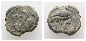 PB Byzantine seal of Theophilos? (AD 10th century)
Obv: A griffin, advancing left, head back. Border of dots.
Rev: A bird (ostrich? crane?), turned ri...
