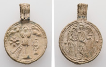 PB Byzantine medallion. "Eulogia" of St. Symeon Stylites the Younger (c. AD 10th–11th centuries)
Obv: Half-length bust of St. Symeon the Younger, wear...