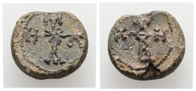 PB Byzantine seal of Michael (AD 7th century)
Obv: Cruciform invocative monogram: Θεοτόκε βοήθει. Wreath border.
Rev: Cruciform monogram: Μιχαὴλ. Wrea...