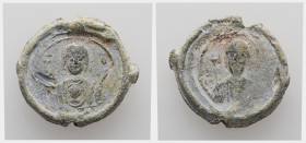 PB Byzantine anonymous seal (AD 12th century)
Obv: Half-length portrait of the Virgin orans with a medallion of Christ before her. Sigla: Μή(τηρ) Θ(εο...