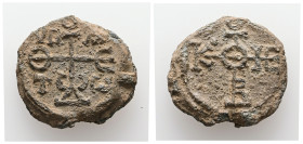 PB Byzantine seal of Theodore hypatos (AD 7th – 8th centuries)
Obv: Cruciform invocative monogram: Θεοτόκε βοήθει. Wreath border.
Rev: Cruciform monog...