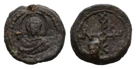 PB Byzantine seal of Nikephoros (AD 6th–7th centuries)
Obv: Bust of the Mother of God. A cross on either side.
Rev: Cruciform monogram. Reading: Νικηφ...