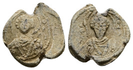 PB Byzantine anonymous seal (AD 13th century)
Obv: Half-length figure of St George in military costume, holding a lance in his right hand. Details ind...