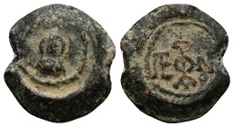 PB Byzantine seal of Epiphanios (AD 7th century)
Obv: Bust of the Virgin, nimbate, facing, with the medallion of Christ before her. Wreath border.
Rev...
