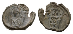 PB Byzantine metrical seal (AD 11th century)
Obv: Bust of the Mother of God, the medallion of Christ before her. Border of dots.
Rev: Inscription of f...