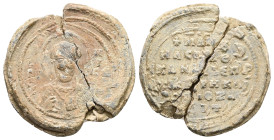 PB Byzantine seal of Manuel Hagiozacharites, spatharokandidatos and epi tou Chrysotriklinou (AD 11th century)
Obv: Bust of St Nicholas holding the boo...