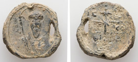 PB Byzantine anonymous seal (AD 10th–11th centuries)
Obv: Bust of St Theodore holding a spear over his right shoulder. Traces of an inscription at lef...