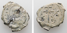 PB Byzantine anonymous seal (AD 10th–11th centuries)
Obv: Bust of St Nicholas? offering a blessing with his right hand and holding the book in his lef...