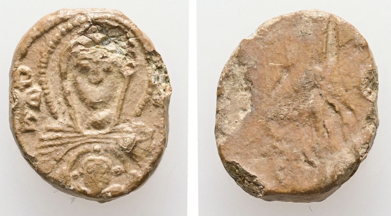PB Byzantine token or tessera (c. AD 9th century)
Obv: Bust of the Virgin, nimba...
