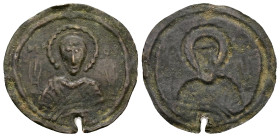 AE Byzantine tessera (c. AD 11th century)
Obv: Bust of the Virgin, with nimbus, hands upraised. Between sigla: Μ(ήτη)ρ Θ(εο)ῦ.
Rev: Bust of a saint. I...