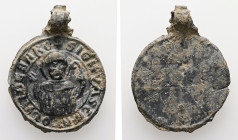 PB Medieval seal (AD 11th-12th centuries)
Obv: Half-figure of bishop facing, a crosier in his left hand and his right hand raised with two fingers poi...
