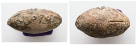 PB Greek sling bullet (c. 4th–1st centuries BC)
A sling bullet with the inscription: ΑΓΟΡΟΥ.
Weight: 36.83 g.
Diameter: 30.88 mm.