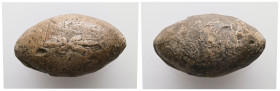 PB Greek sling bullet (c. 4th–1st centuries BC)
Lead sling bullet is with an image of a thunderbolt.
Weight: 30.23 g.
Diameter: 29.37 mm.