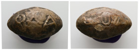 PB Greek sling bullet (c. 4th–1st centuries BC)
Sling bullet with illegible legend.
Weight: 21.28 g.
Diameter: 26.14 mm.