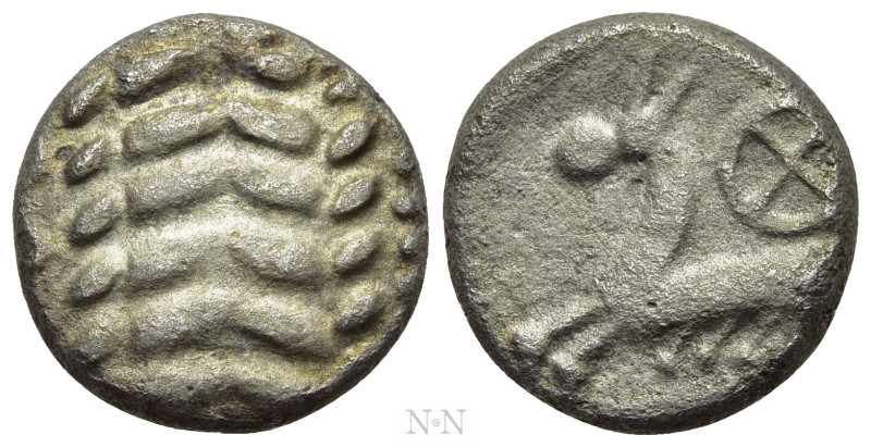 CENTRAL EUROPE. Boii. Drachm (1st century BC). "Simmering" type. 

Obv: Laurel...