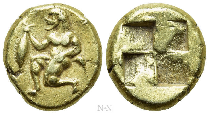 MYSIA. Kyzikos. EL Hekte (Circa 500-450 BC). 

Obv: Satyr kneeling left, holdi...