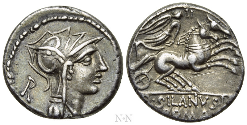 D. SILANUS L.F. Denarius (91 BC). Rome. 

Obv: Helmeted head of Roma right; R ...