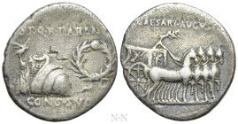 AUGUSTUS (27 BC-14 AD). Denarius. Uncertain mint in Spain, possibly Colonia Patricia. 

Obv: S P Q R PAREN / CONS SVO. 
Aquila, toga picta over tun...