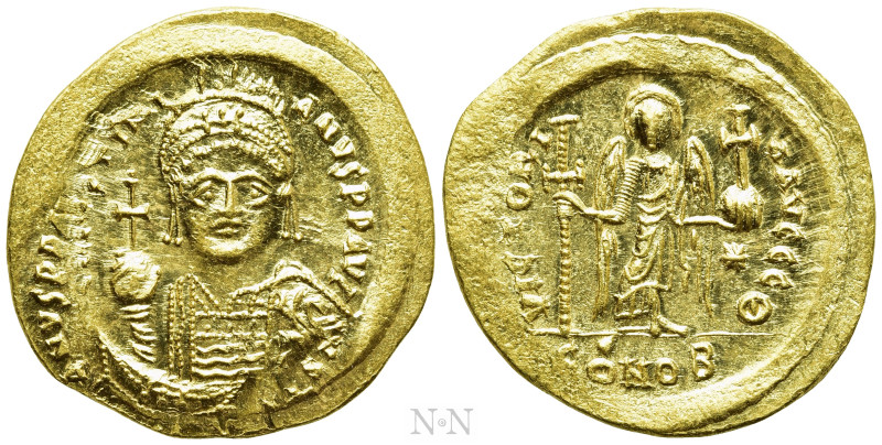 JUSTINIAN I (527-565). GOLD Solidus. Constantinople. 

Obv: D N IVSTINIANVS P ...