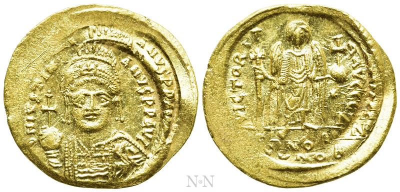 JUSTINIAN I (527-565). GOLD Solidus. Constantinople. 

Obv: D N IVSTINIANVS P ...