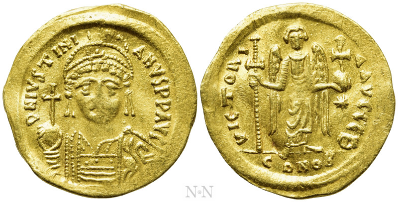 JUSTINIAN I (527-565). GOLD Solidus. Constantinople. 

Obv: D N IVSTINIANVS P ...