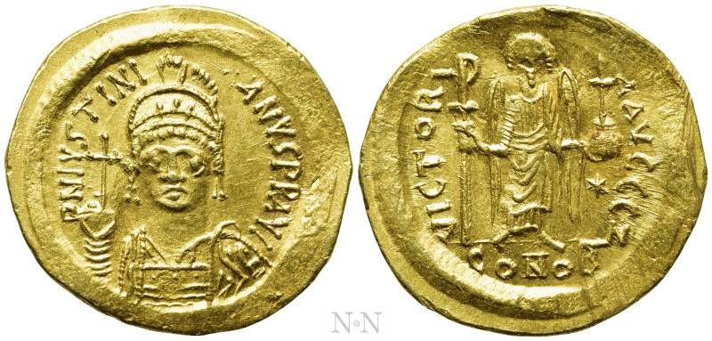 JUSTINIAN I (527-565). GOLD Solidus. Constantinople. 

Obv: D N IVSTINIANVS P ...