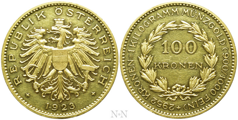 AUSTRIA. 1st Republic (1918-1938). GOLD 100 Kronen (1923). Wien (Vienna). 

Ob...