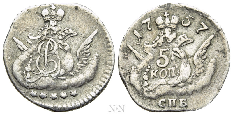 RUSSIA. Elizabeth (1741-1762). 5 Kopeks (1757). 

Obv: Coat of arms; five star...