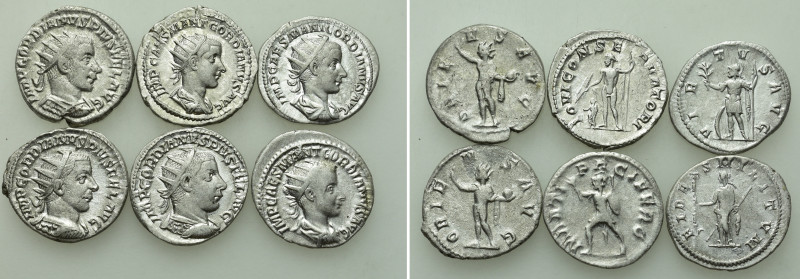 6 Antoniniani of Gordianus III. 

Obv: .
Rev: .

. 

Condition: See pictu...