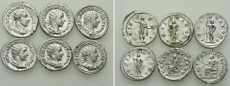 6 Antoniniani of Gordianus III. 

Obv: .
Rev: .

. 

Condition: See pictu...