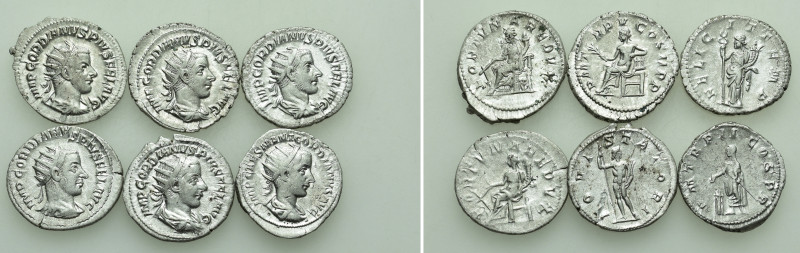 6 Antoniniani of Gordianus III. 

Obv: .
Rev: .

. 

Condition: See pictu...