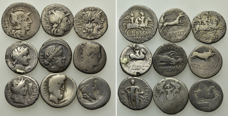 9 Roman Republican Coins. 

Obv: .
Rev: .

. 

Condition: See picture.
...